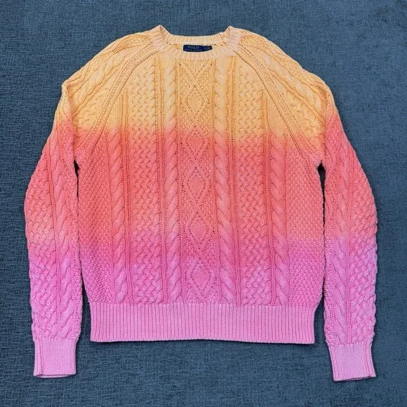 Polo Ralph Lauren Dip-Dye Cable Knit Sweater Mens XL Orange Pink Fisherman
